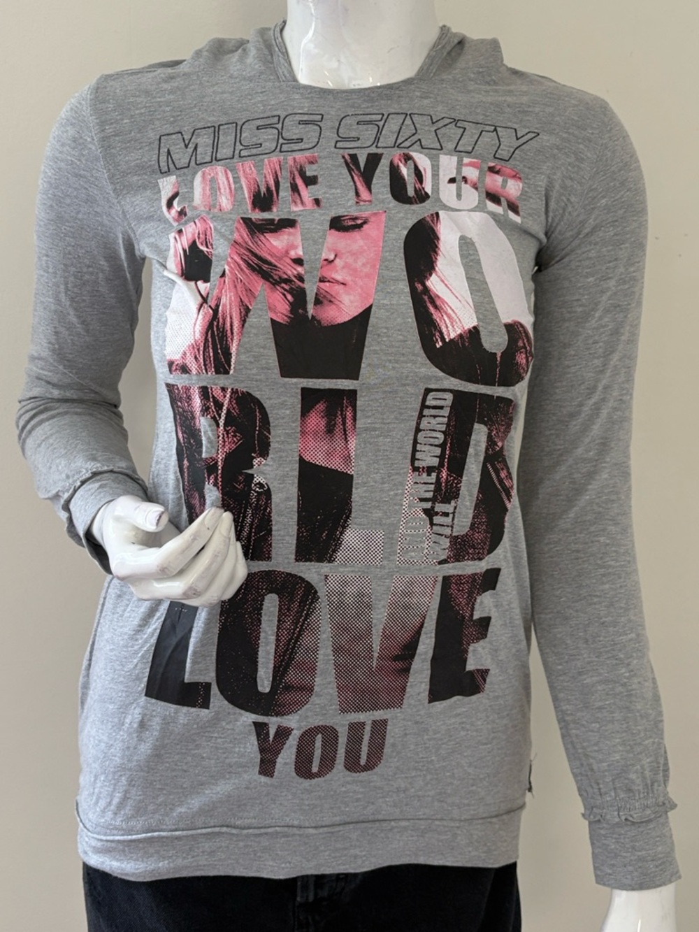 Miss Sixty Euro Gray Pullover Hooded Long Sleeve Graphic Print Top Youth Size 12